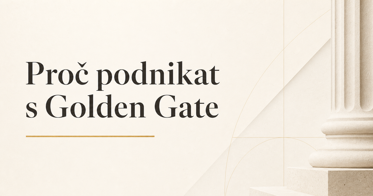 Sdílecí karta článku Proč podnikat s Golden Gate v prémiovém zlatém stylu.